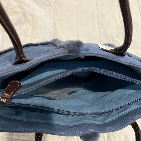 Liz Claiborne faux blue large handbag. Has faux blue trim and brown straps. - Picture 11 of 16